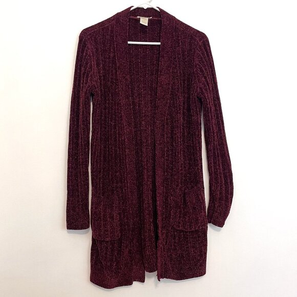 MATTY M Chenille Cardigan Burgundy Maroon Red Ribbed Chunky Knit Long Sweater S - Picture 2 of 15
